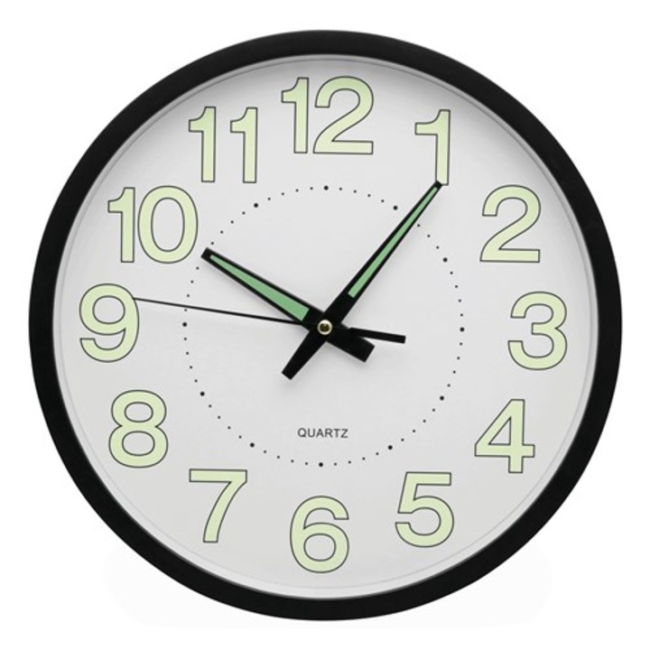 Стенен часовник Bremen Sun, механизъм с осцилатор и кварцов кристал, фосфоресциращи числа и индикатори, размери Ø30 х 4 см