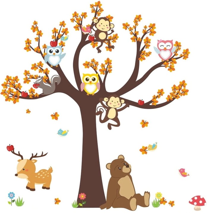 Sticker Decorativ Autoadeziv CCmax, Copac cu Frunze Ruginii si Animale Salbatice, 1000x1000 mm