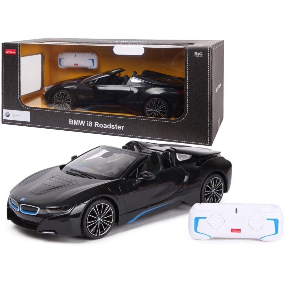 Masinuta telecomandata Rastar BMW i8 Roadster scara 1 12 efecte luminoase si sonore negru 50x22x20cm eMAG.ro