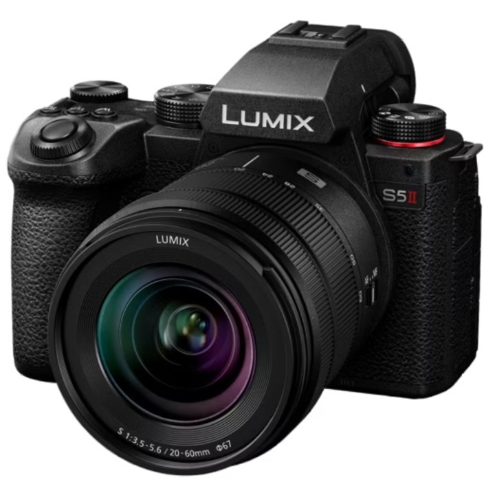 Tükör nélküli Panasonic fényképezőgép, LUMIX S5M2 24 MP FF, fázis hibrid AF, 6K/C4K/4K 4:2:2 10 bit, kettős natív ISO, HFR/VFR 10 bit, valós idejű LUT, fekete, objektív 20-60 mm F/3, 5 -5.6