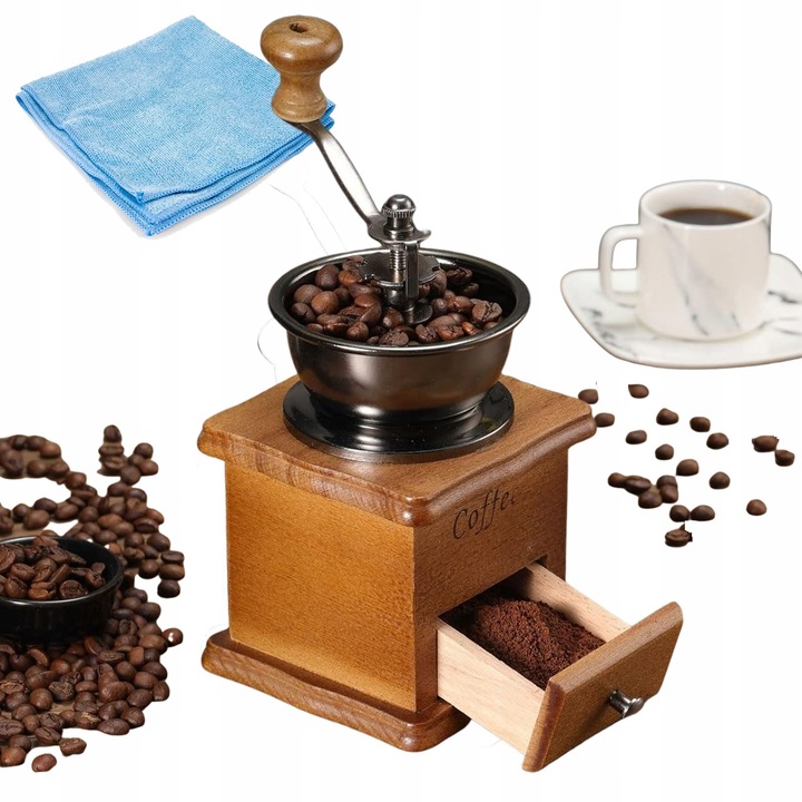 Кафемелачка, E-Empire, Ретро, Дървена, Регулируема степен на смилане, За черен пипер и сол, Светло дърво, Микрофибърна кърпа подарък