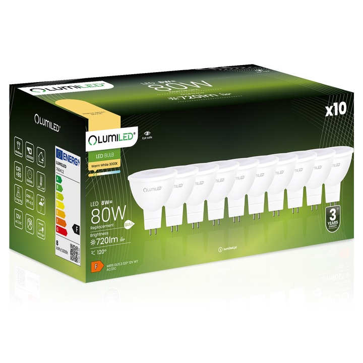 Set 10 Becuri LED GU5.3 MR16 Lumiled, 8W, Lumina Calda, 3000K, 720lm, 50x53mm