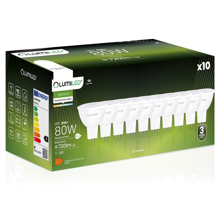 Set 10 Becuri LED GU5.3 MR16 Lumiled, 8W, 4000K, 720lm, Neutru, 50x53mm