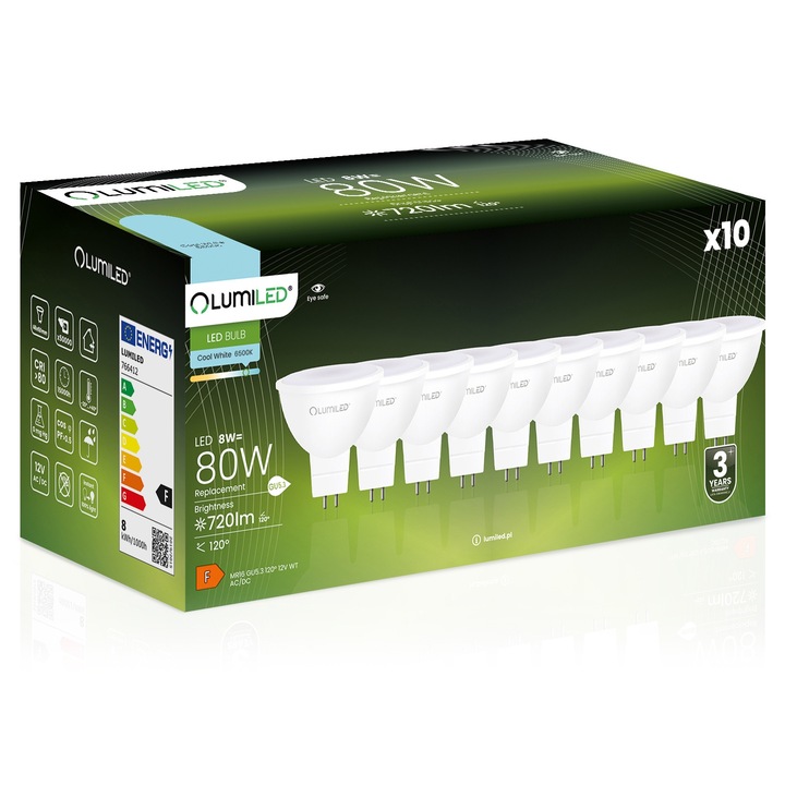 Set 10 Becuri LED GU5.3 MR16 Lumiled, 8W, Lumina Rece, 6500K, 720lm, Clasa F