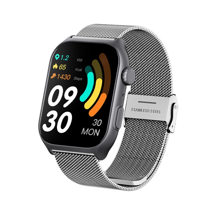Ceas smartwatch GTS7pro, KINSI, 2.0 inch, Bluetooth Apeluri, Compatibil cu IOS si Android, monitorizare activitati fizice, somn, ritm cardiac, pedometru, SOS, Moduri multiple Sport, IP68, negru, argint