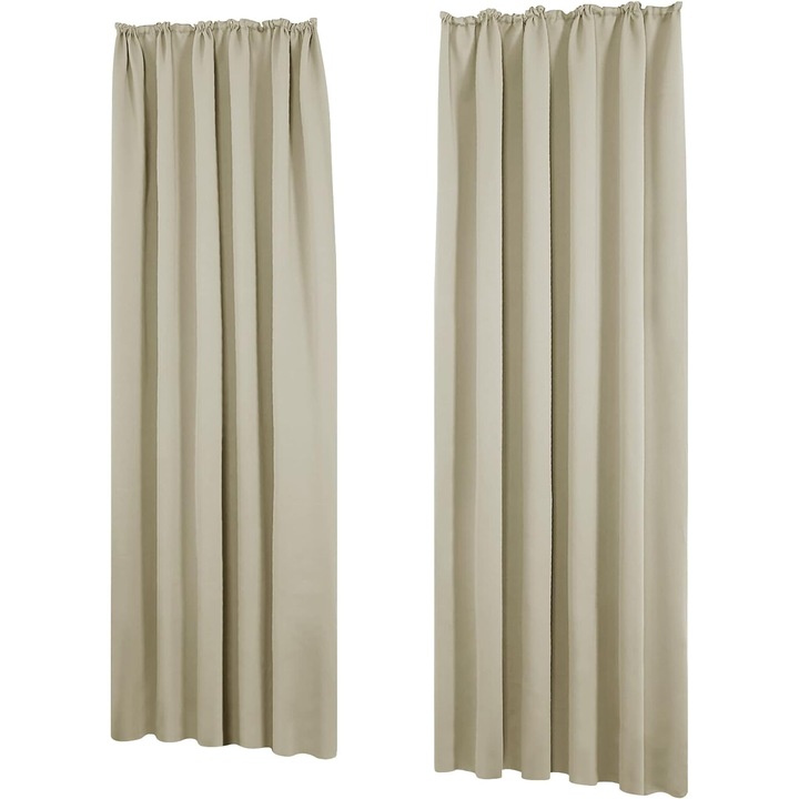 2 db Deconovo átlátszatlan függöny készlet, hőszigetelő függöny szalaggal, 140 x 220 cm, bézs