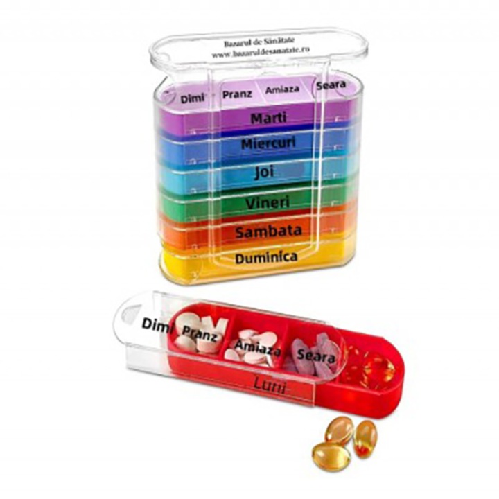 Organizator medicamente saptamanal x 4 casete colorate / zi, in cutie transparenta