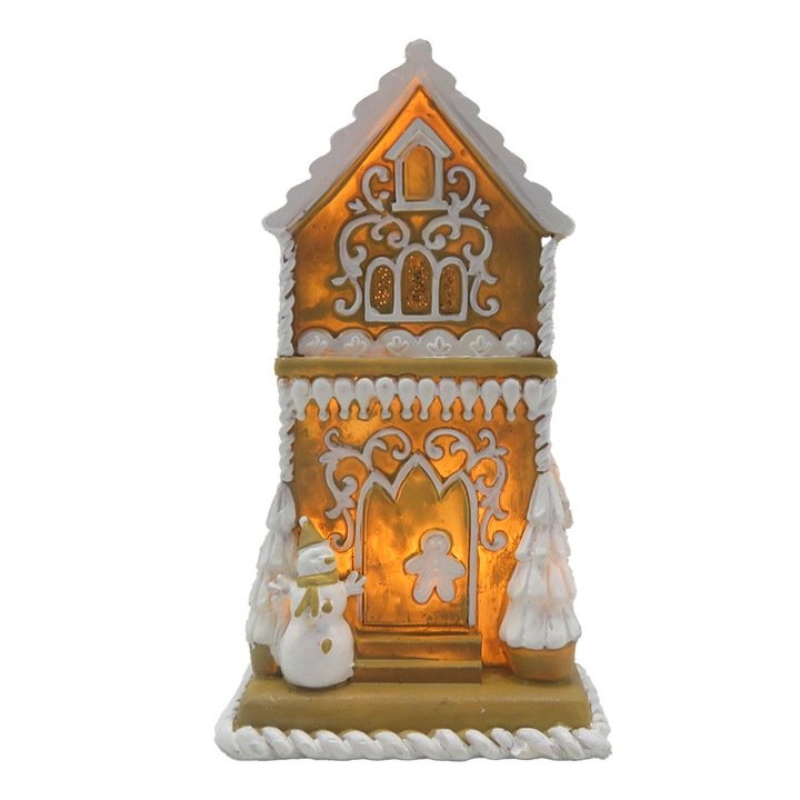 Barna-fehér polirezin édes süteményház LED-del 8x8x15 cm