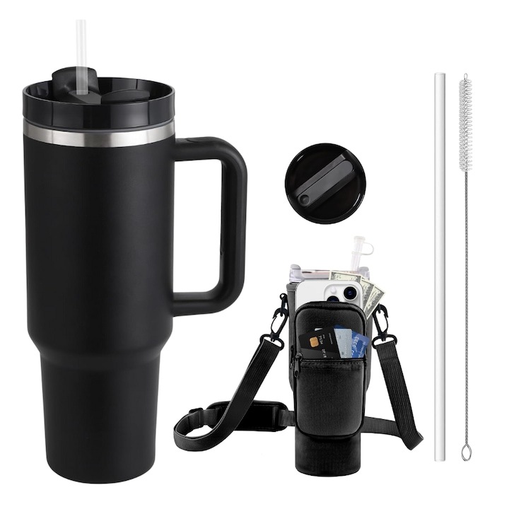 Termosz bögre fogantyúval Hideg és meleg italokhoz, kávéhoz, teához, vízhez, gyümölcslevekhez, űrtartalom 1,2 l, rozsdamentes acél, szívószál, tisztítókefe és szuper ellenálló védő- és szállítótáska/huzat, WALALLA, Fekete