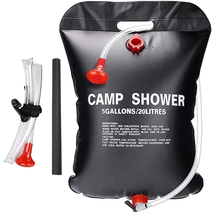 Dus Solar Turistic, pentru Camping, Vitolog, 20 L, Portabil, Tubulatura Flexibila cu Maner, Negru, 60 cm x 40 cm