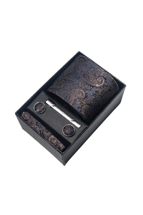 Комплект вратовръзки, носна кърпичка, копчета и игла за вратовръзка, меден цвят, пейсли, 145 x 7,5 см, кутия