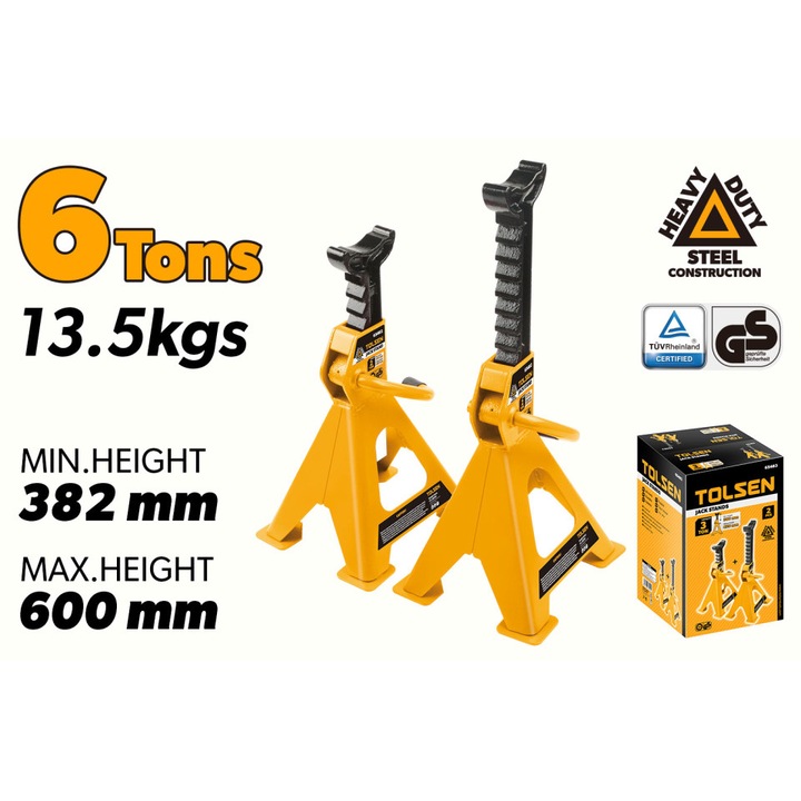 Set 2 suporti auto TOLSEN 6 tone, inaltime 382–600 mm, stil clichet, maner otel solid, sa mare, cadru unitar, fier ductil, GS aprobat, stabilitate si siguranta, Industrial