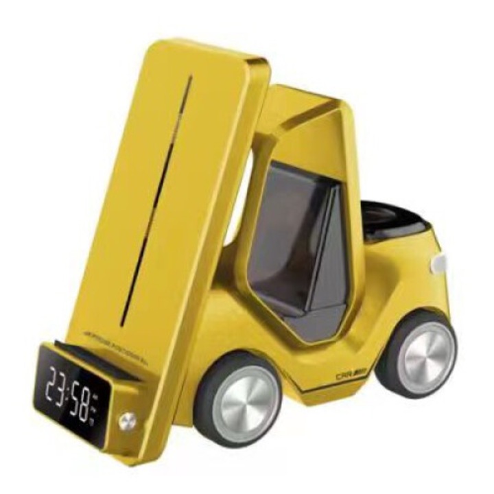 3 az 1-ben vezeték nélküli töltőállomás targonca formájú, gyorstöltés 15W, óra és éjszakai fény funkciók, sárga