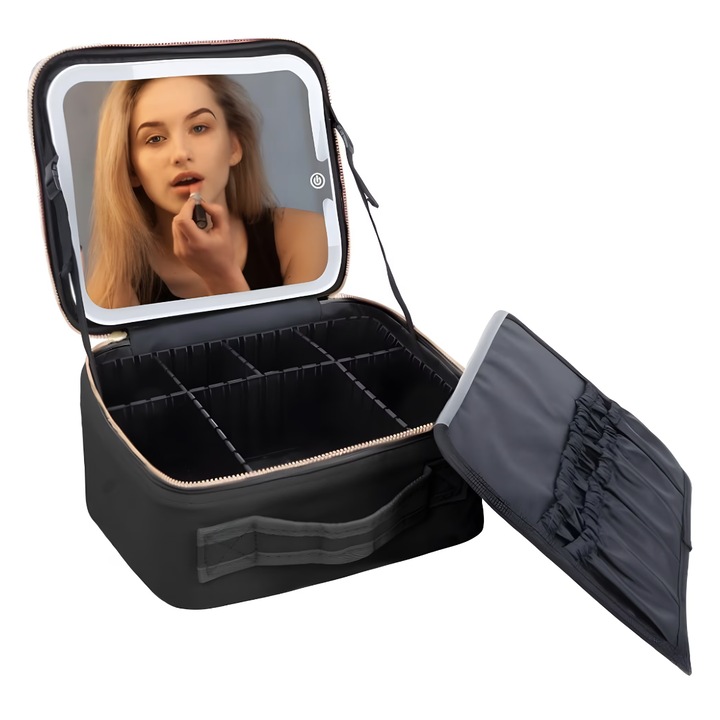 Geanta cosmetice dotata cu oglinda LED, compartimente reglabile, potrivita pentru organizarea cosmeticelor acasa sau in voiaj, profesionala, neagra
