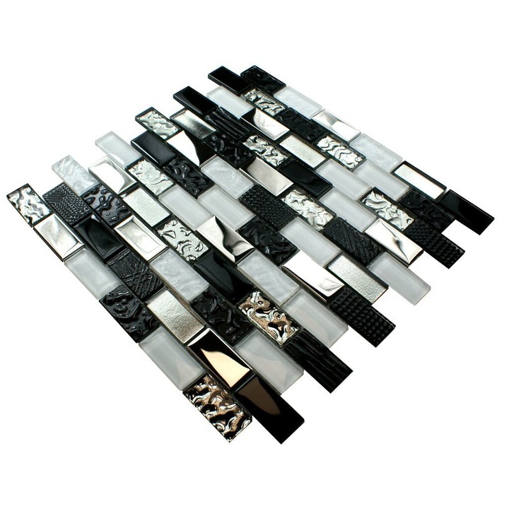 Mozaic de sticla alb-negru "VOLCANO BRICK", tigla de mozaic pentru bucatarie si baie