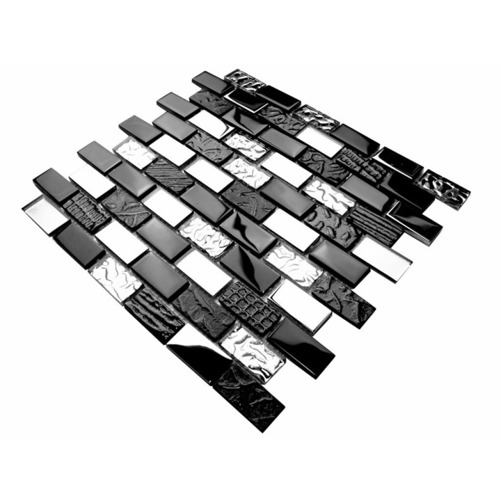 Черна и сребриста стъклена мозайка "VOLCANO BRICK BLACK" Черна мозайка