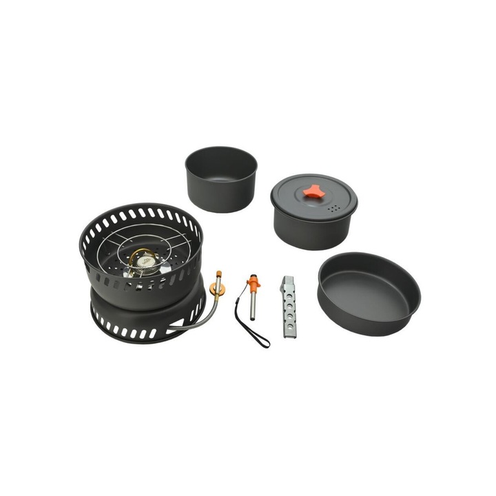 Set vase gatit camping, outdoor, 9 componente, cu oala, tigaie, arzator, maner, aprinzator, pentru 2 persoane, 13610 Cattara