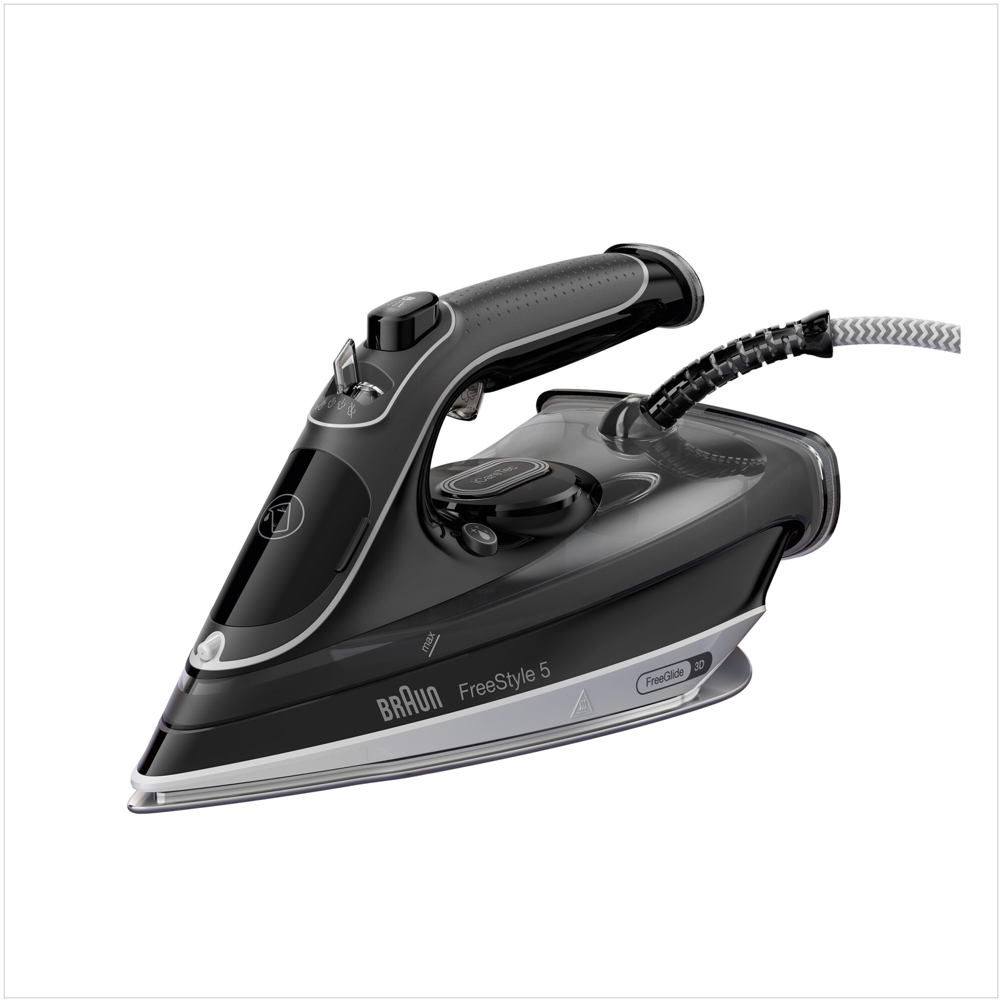 Fier de calcat FreeStyle 5 SI5188BK, 2800W, jet de abur 220g/min, abur variabil 0-50 g/min, talpa EloxalPlus, rezervor 330 ml, tehnologie iCare, tehnologie FreeGlide, oprire automa