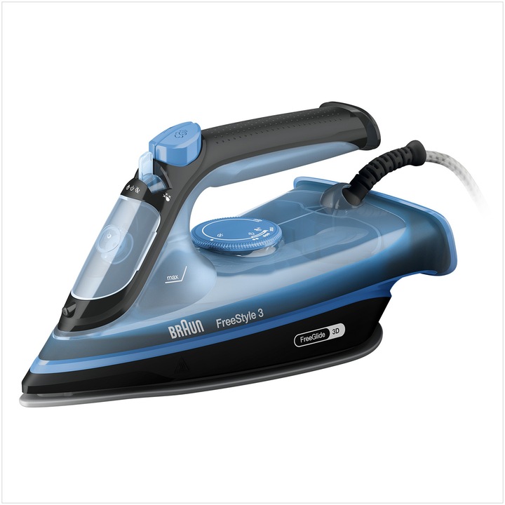 Fier de calcat Braun FreeStyle 3 FI3194BK, 2400W, jet de abur 200g/min, abur variabil 0-45 g/min, talpa SuperCeramic, rezervor 270 ml, tehnologie FreeGlide, oprire automata, sistem antipicurare, albastru