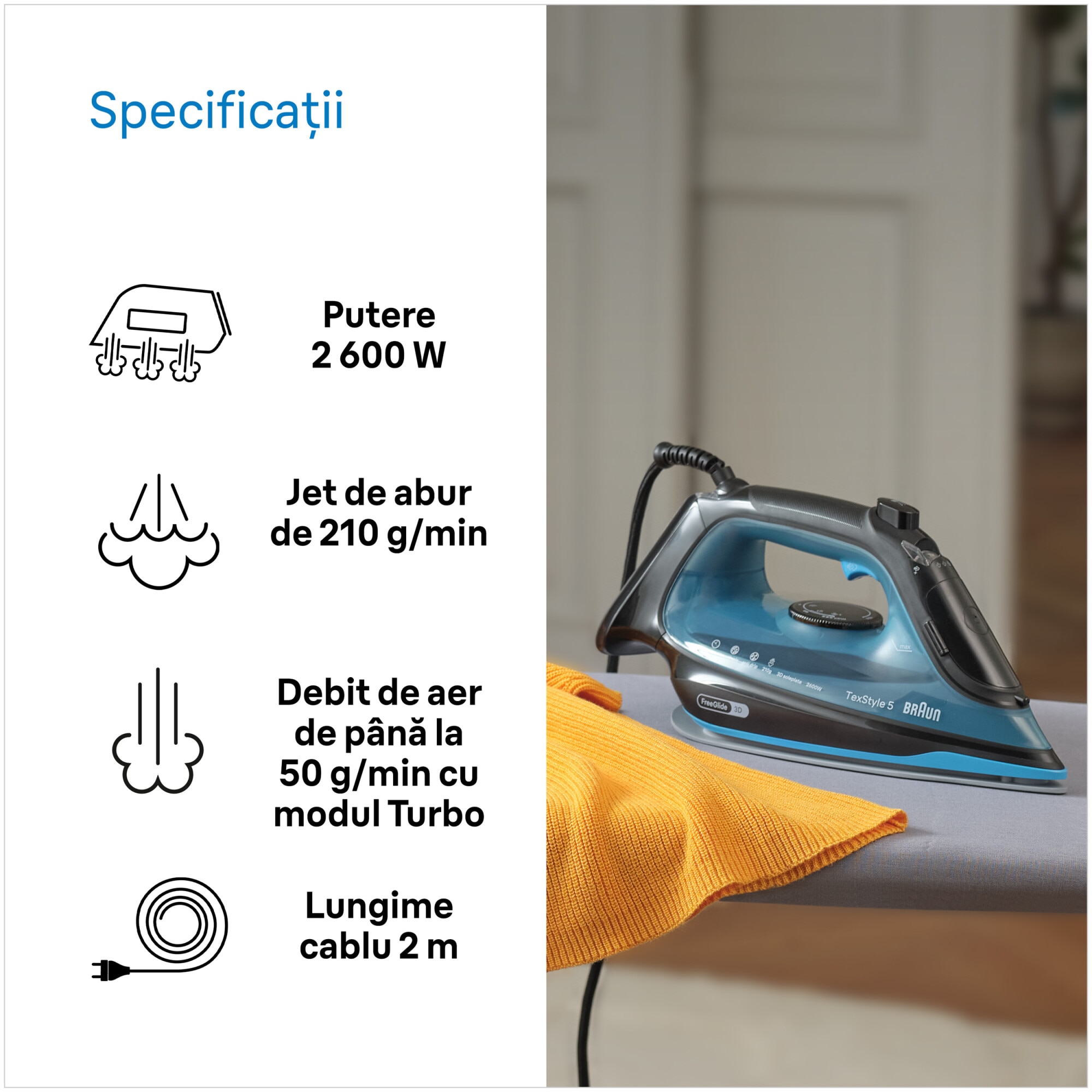 Fier de calcat Braun TexStyle 5 SI5256BL, 2600W, jet de abur 210g/min, abur variabil 0-50 g/min, talpa SuperCeramic, rezervor 300 ml, tehnologie FreeGlide, oprire automata, sistem antipicurare, negru/albastru