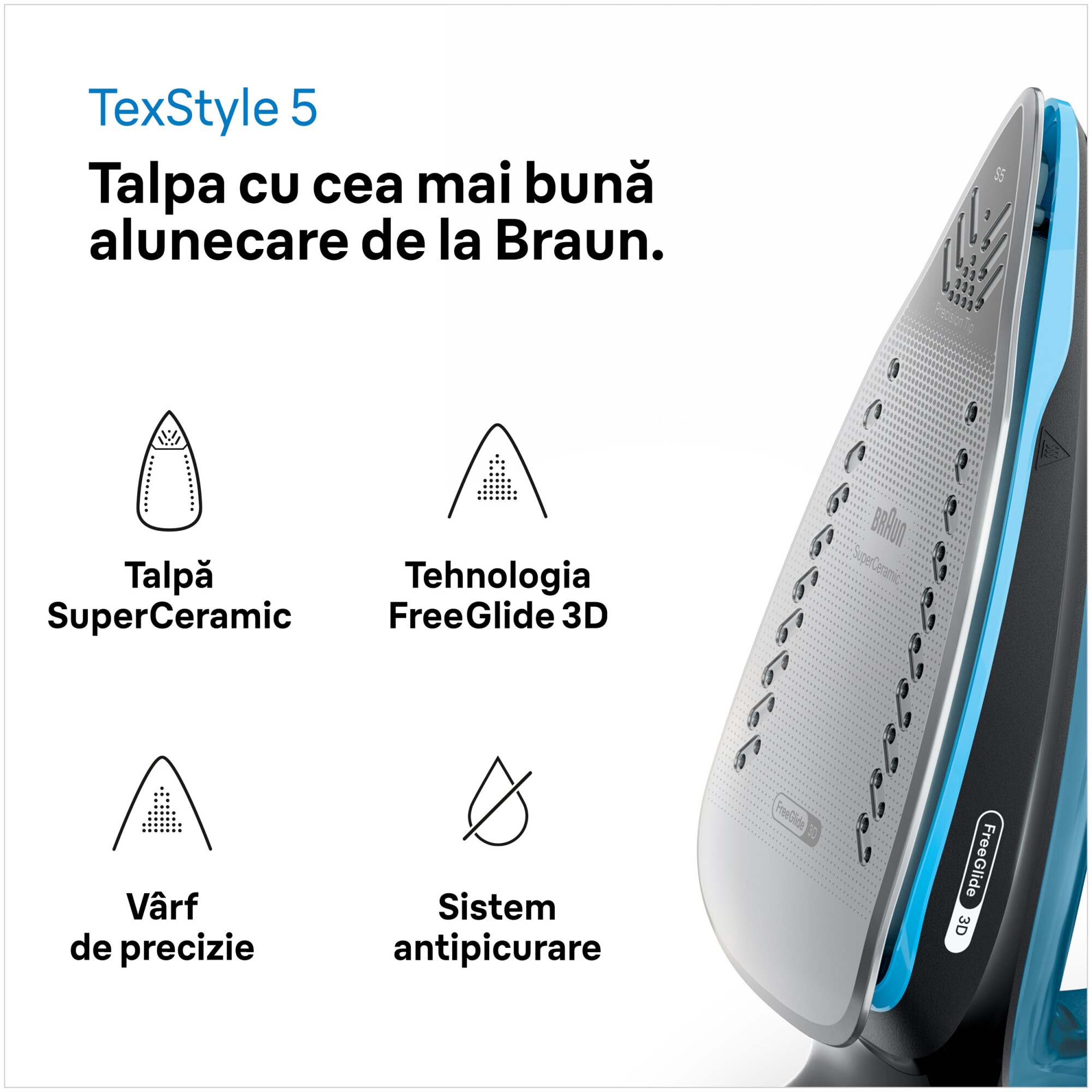 Fier de calcat Braun TexStyle 5 SI5256BL, 2600W, jet de abur 210g/min, abur variabil 0-50 g/min, talpa SuperCeramic, rezervor 300 ml, tehnologie FreeGlide, oprire automata, sistem antipicurare, negru/albastru