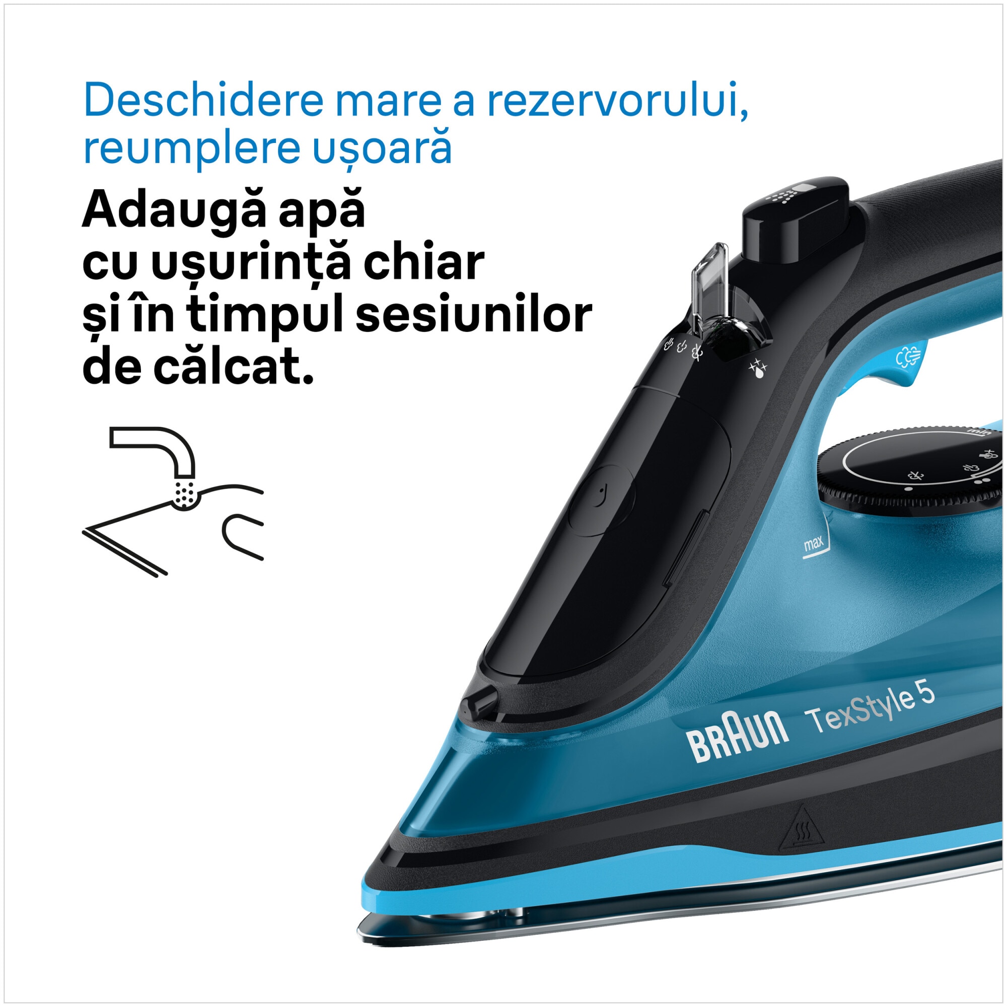 Fier de calcat Braun TexStyle 5 SI5256BL, 2600W, jet de abur 210g/min, abur variabil 0-50 g/min, talpa SuperCeramic, rezervor 300 ml, tehnologie FreeGlide, oprire automata, sistem antipicurare, negru/albastru