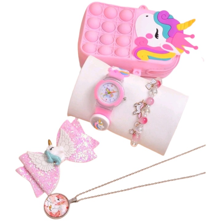 Комплект от 5 части, Led часовник, гривна и верижка, чанта и щипка за коса с дизайн на еднорог