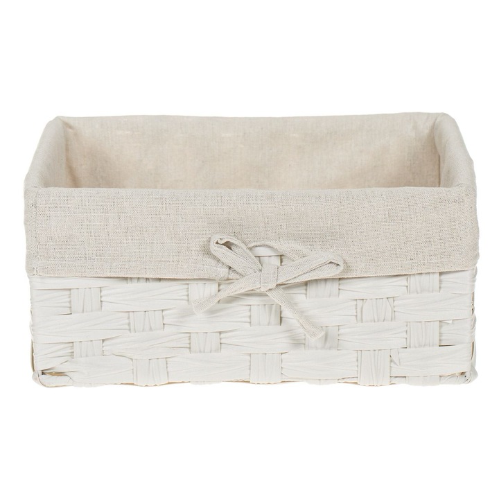 Cos de depozitare cu cadru metalic Shopiens®, alb impletit cu captuseala interioara din material textil cu fundita, 28 x 20 x 13 cm