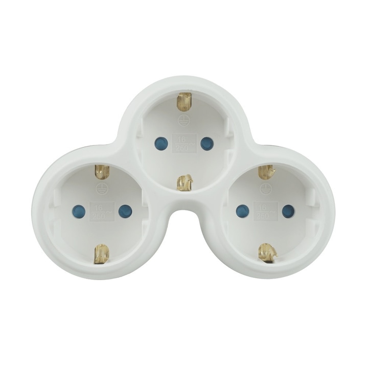 Stecher triplu Technik TP3 cu contact protectie 3x Schuko 16A 3500W alb
