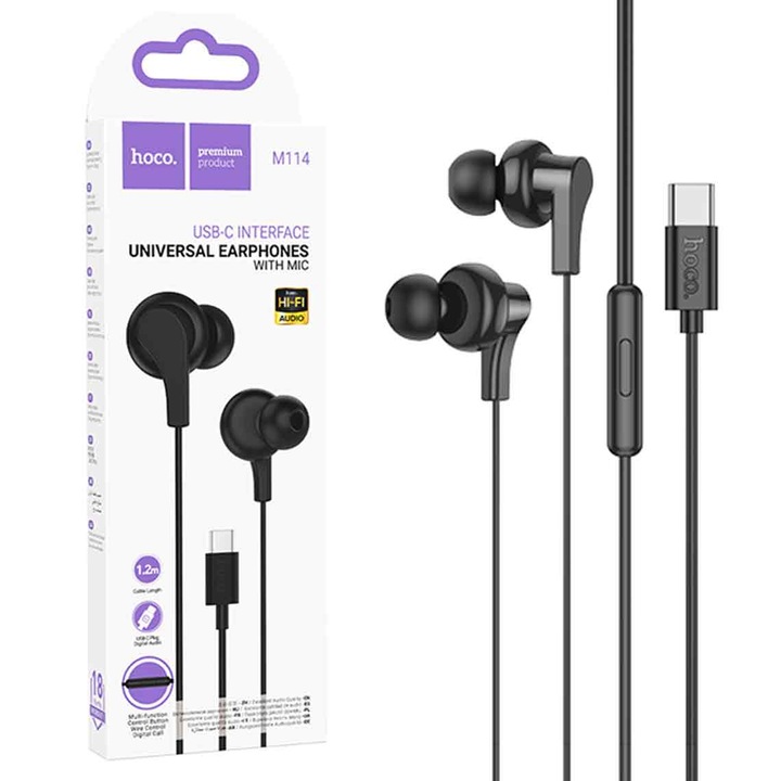 HOCO vezetékes fejhallgató, Univerzális, USB-C digitális csatlakozó, vezetékes vezérlők és mikrofon, kompatibilis iPhone / iPad / Samsung / Huawei / Xiaomi / Moto / Oppo készülékekkel, hossz 1,2 m, fekete (M114)