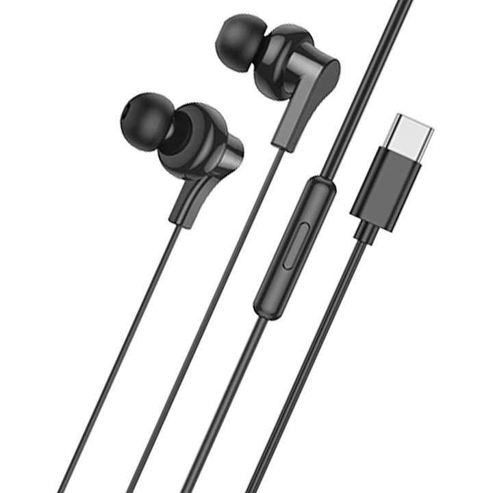 Casti cu fir, Universale, conector digital USB-C, controler si microfon pe fir, compatibile cu iPhone / iPad / Samsung / Huawei / Xiaomi / Moto / Oppo, lungime 1.2m, Negre (M114)