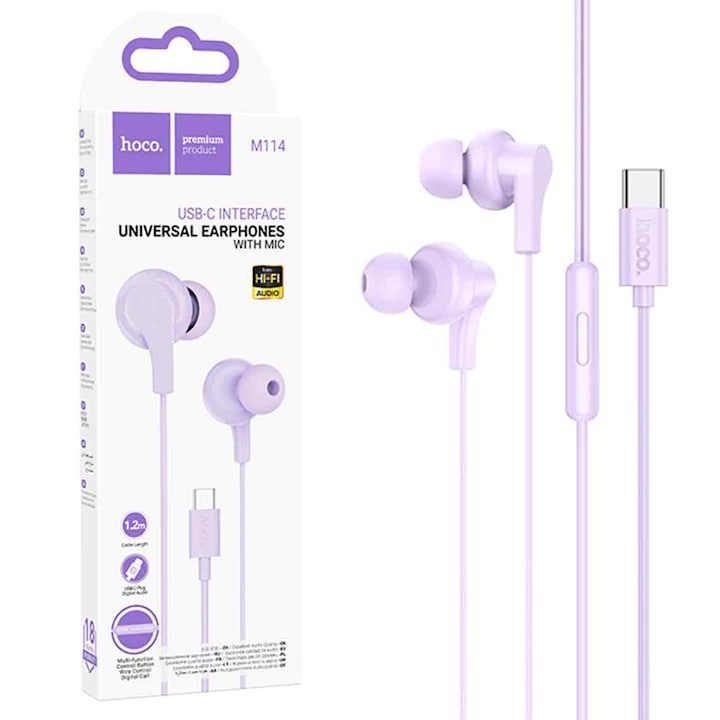 HOCO vezetékes fejhallgató, univerzális, USB-C digitális csatlakozó, vezetékes vezérlők és mikrofon, kompatibilis iPhone / iPad / Samsung / Huawei / Xiaomi / Moto / Oppo készülékekkel, hossz 1,2 m, lila (M114)