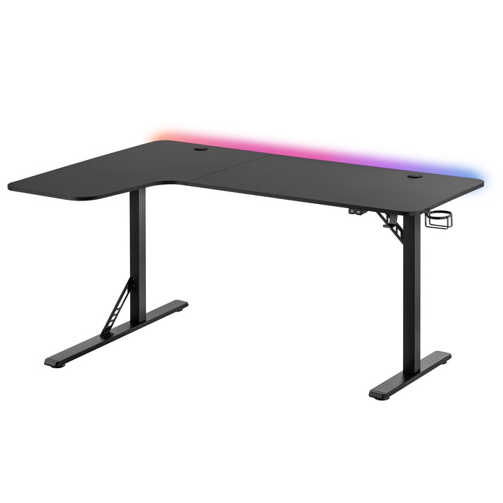 Birou Gaming StableDesk RGB, Iluminare LED, Suport de Pahar si Casti, Organizator Cabluri, Forma de L, Negru / Carbon Design 160 x 100 cm