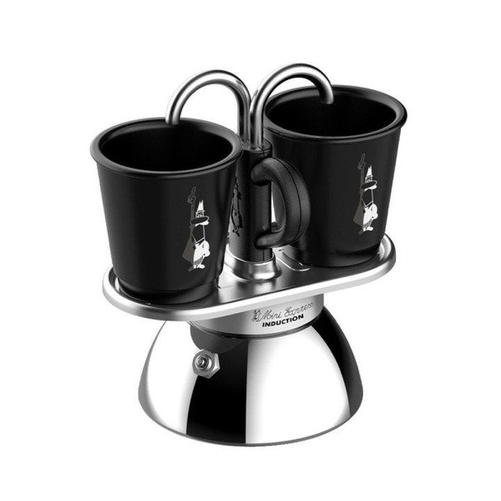 Кафеварка за еспресо за котлон Bialetti комплект Mini Express Induction 2tz, черна, с 2 чаши
