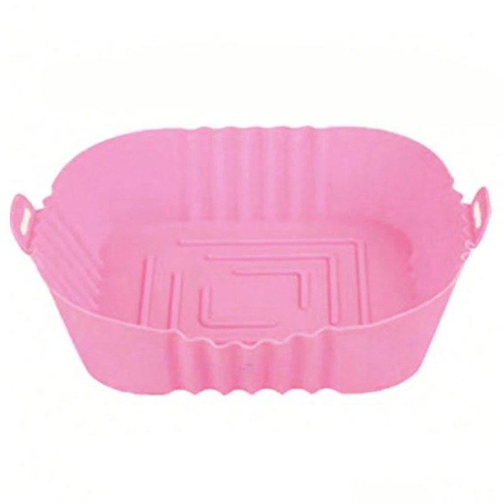 Tava Silicon EDAR, Pentru Friteuza, Prajit, Copt, Air Fryer, Rezistenta La Temperaturi Inalte, Reutilizabila, Patrata, 14 x 14 x 4.7 cm, Roz