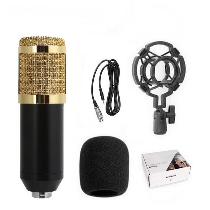 Set Microfon Condenser BM 800 potrivit pentru inregistrari pe telefoane mobile si computere, jocuri negru si auriu