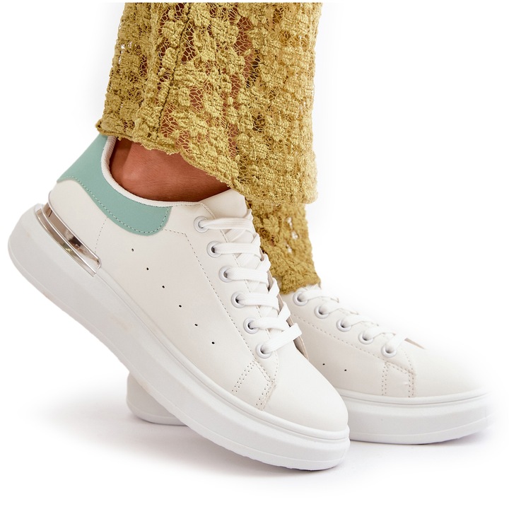 Pantofi sport pentru dama, cu platforma, piele ecologica, alb/turcoaz, Alb/Turcoaz