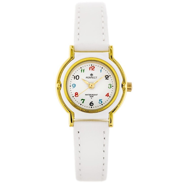 Перфектен детски часовник кварцов механизъм 24х28х7мм бял с цветни цифри 17см каишка