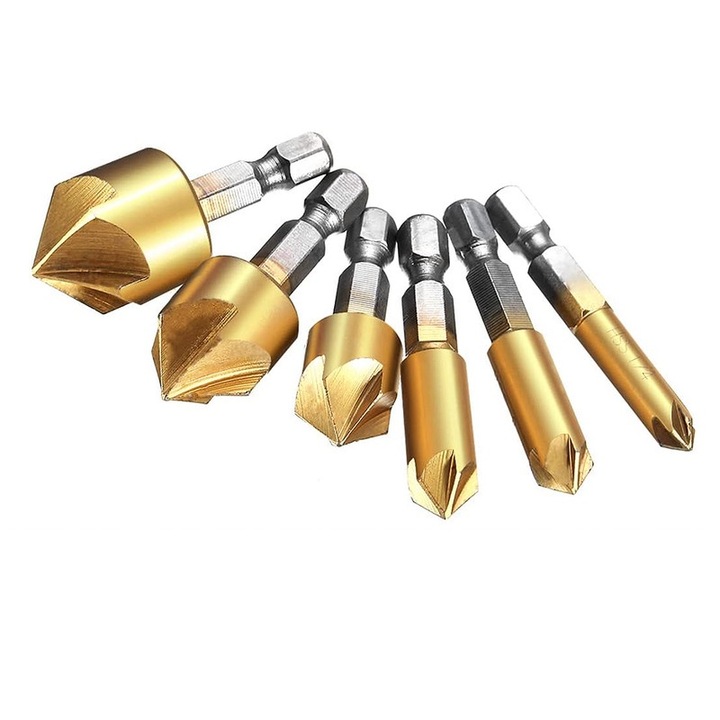 Set freze conice pentru lemn Yakumuz, 6 piese, HSS, 5 caneluri, 90 grade, 6-19mm