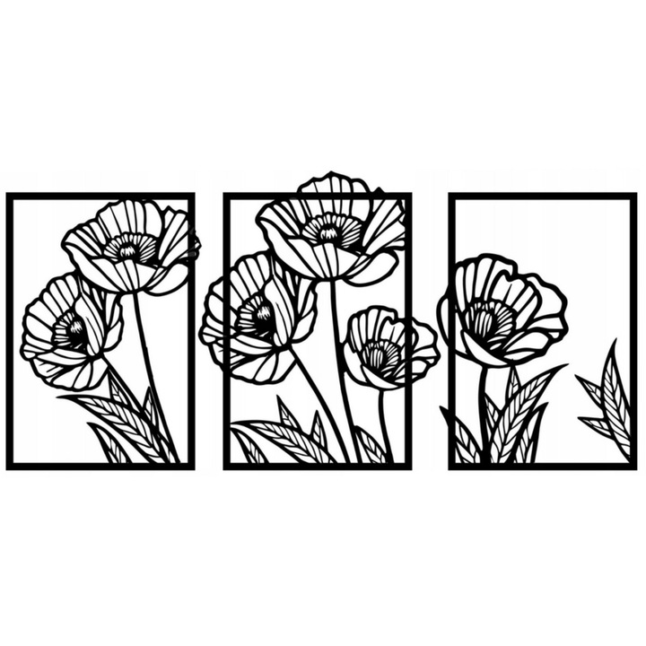 Tablou 3D pentru perete triptic: Maci, modern, filigran, decorare perete, dantelat, perforat pentru living, dormitor, 100x210