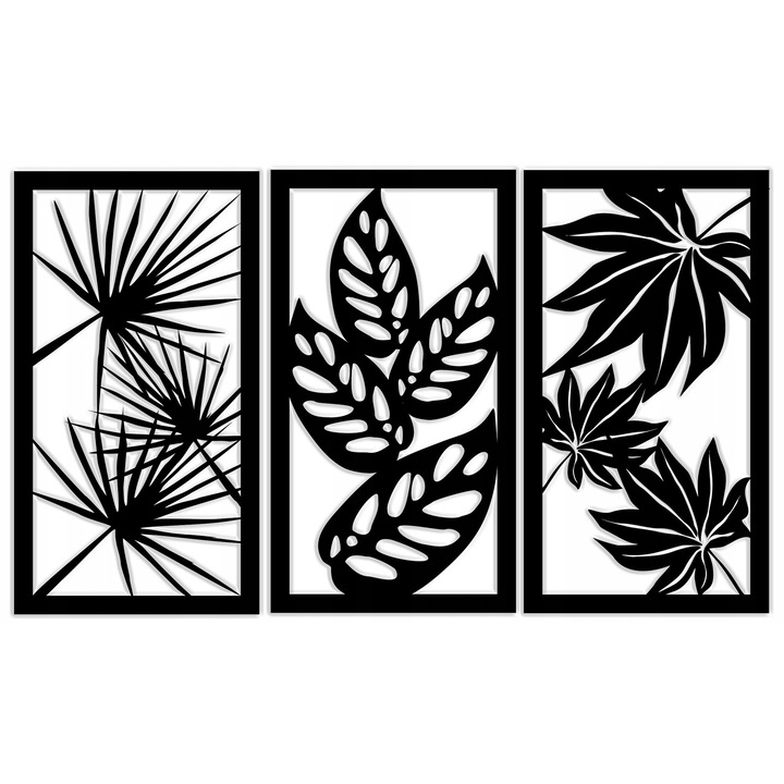 Tablou triptic pentru perete azur, decorare perete, frunze pentru dormitor, 56x96 cm