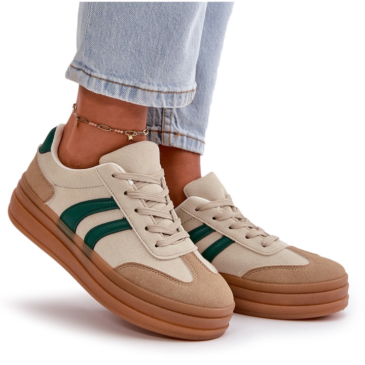 Pantofi sport pentru dama, cu platforma, piele ecologica, Bej/Verde, Verde/Bej