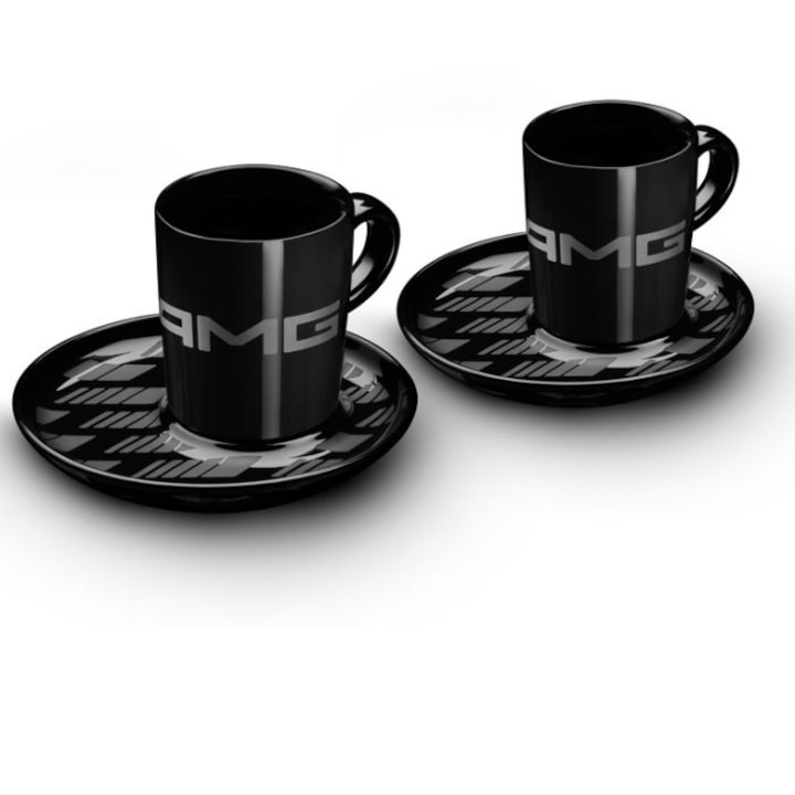 Set cafea espresso Mercedes, 2 cesti cu farfurioare, portelan, negru lucios, 80ml