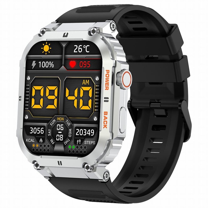 Smartwatch Gravity GT6-1, ecran 1,96 inch, baterie 400mAh, culoare argintie, curea siliconica, set complet
