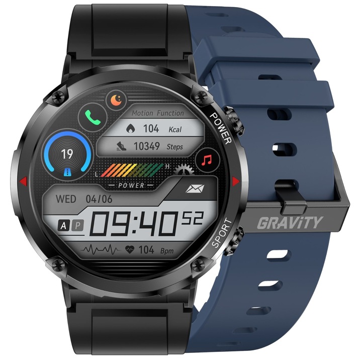 Smartwatch Gravity GT21-5, 1,6 inch, IP67, negru cu banda siliconica albastra