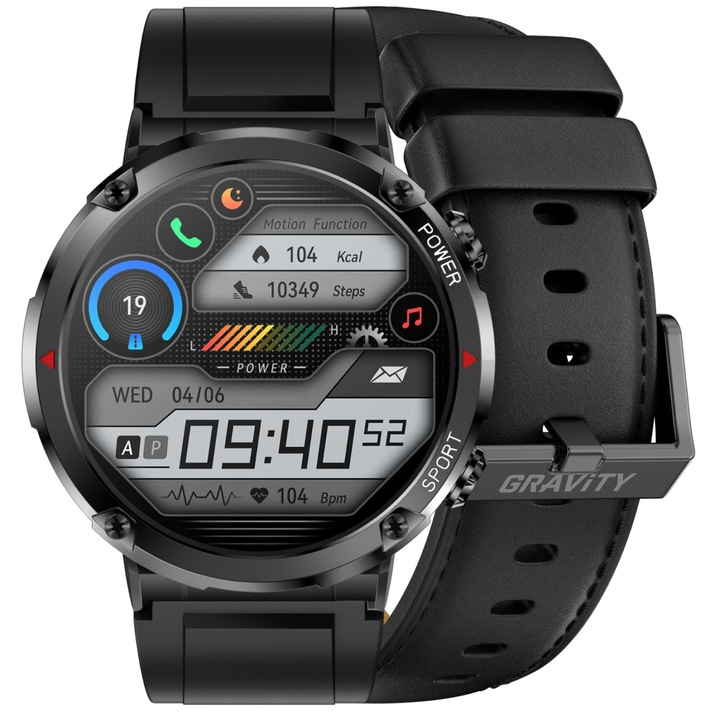 Smartwatch Gravity GT21, ecran 1.6 inch, rezistent la apa IP67, cu bratara din silicon si bratara din eco-piele