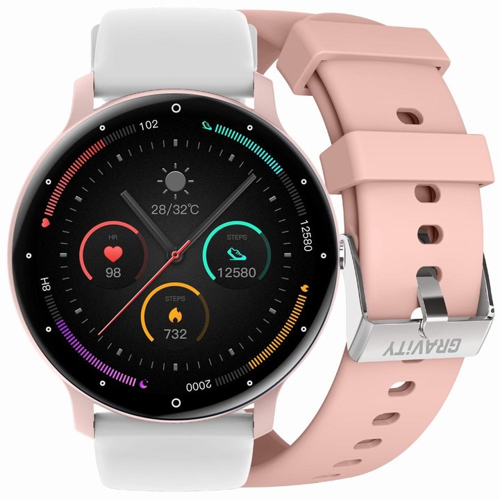 Smartwatch Gravity GT1 PRO, 1.39 inch, 230mAh, silicon, alb si roz, set cu doua bratari