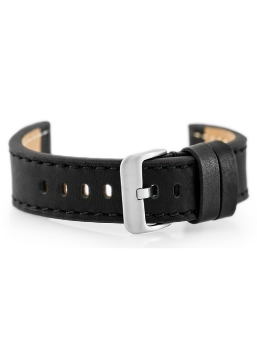 Curea ceas Pacific W48, piele, cusaturi negre, argintiu, 20mm