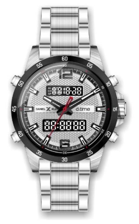 Ceas barbatesc DANIEL KLEIN, cuart dual, data, alarma, iluminare, argintiu, 47x53x14mm