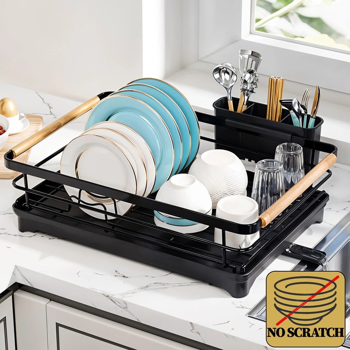 Scurgator vase chiuveta, uscator vase cu protectii cauciuc, manere bambus, cu tava si tub de scurgere, negru, vintage, 42x31x14cm, Callena